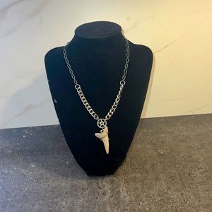 Shark tooth necklace with silver, gunmetal and blue copper chain. Adjustable.